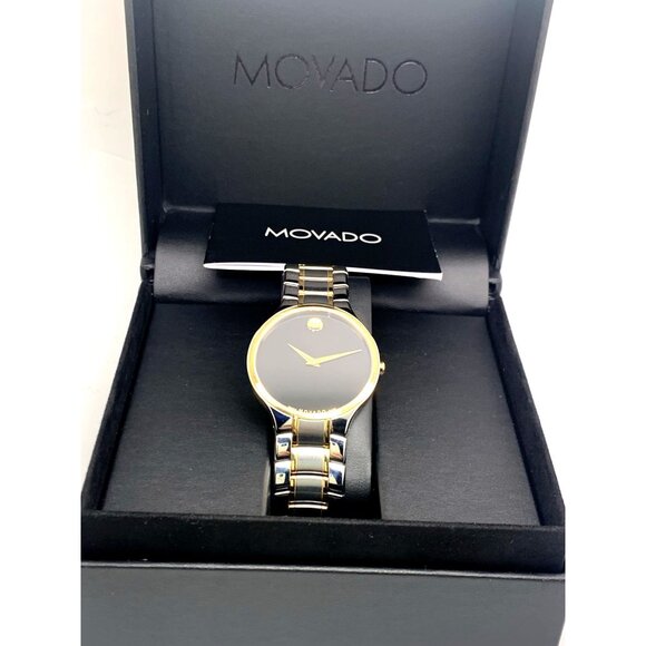 Movado Men's Watch 0607284 Serio Black Dial Swiss Quartz Two Tone Steel 38mm - Picture 3 of 14